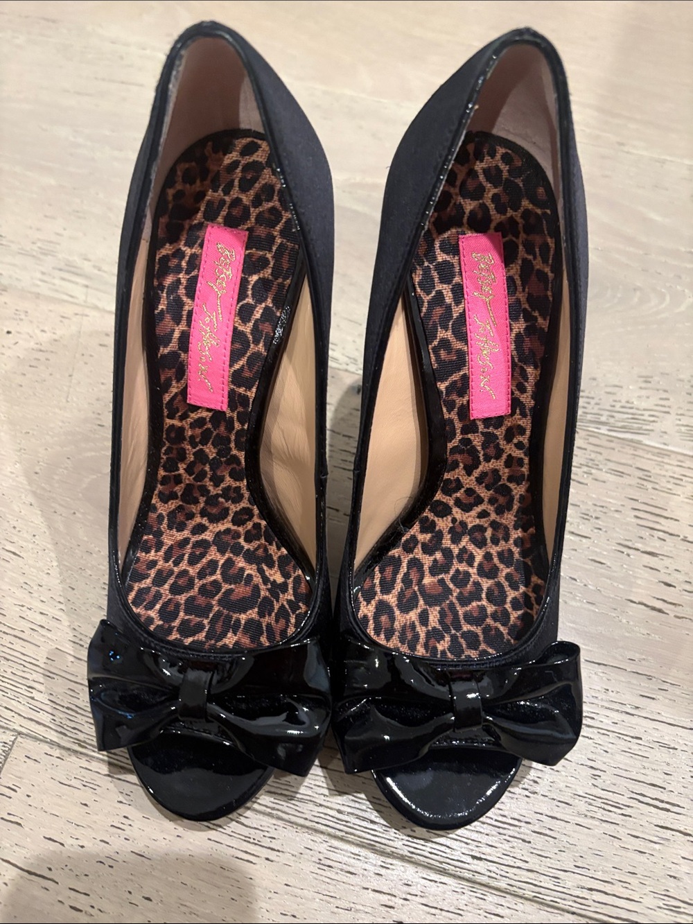Betsey Johnson Black Patent Peep-Toe Pumps with Bow